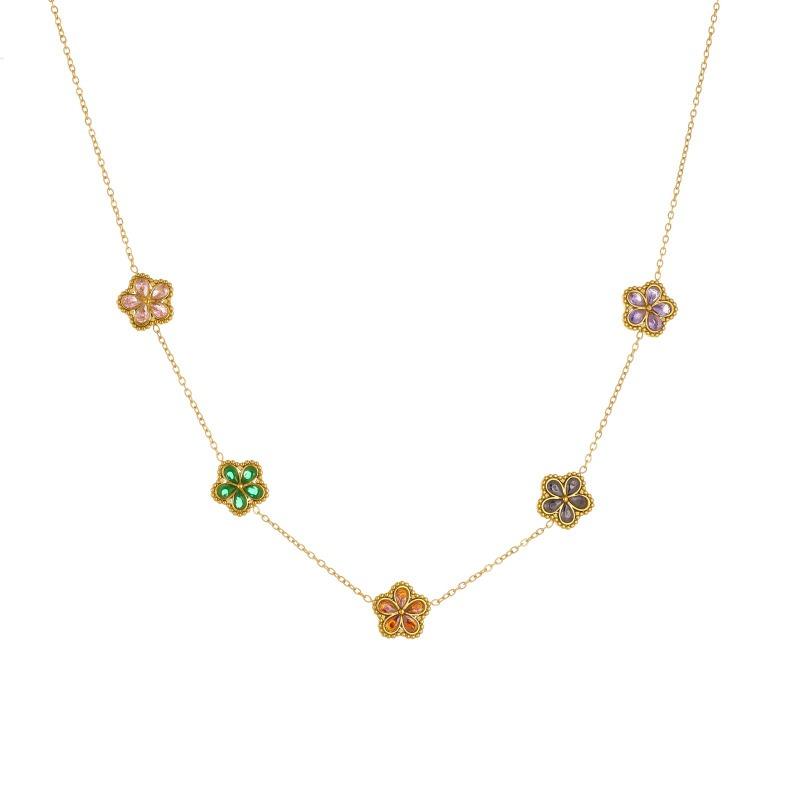 Gold Plated Stainless Steel Multicolor Flower Crystal Jewelry Set (necklace + Earrings) for Women