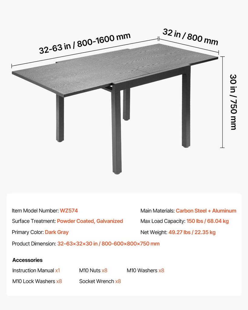 Expandable Outdoor Patio Dining Table, 80-160cm Rectangular Backyard Bistro Tables for 4-6, Aluminum Frame Metal Steel Slat , All-Weather Large