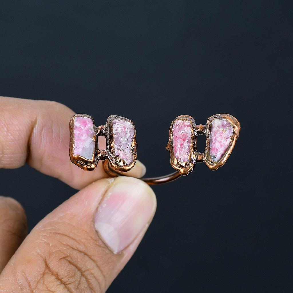 Кольцо из розового тулита ручной работы, кольцо из электроформованной меди, антикварное украшение, регулируемое кольцо, подарок на помолвку