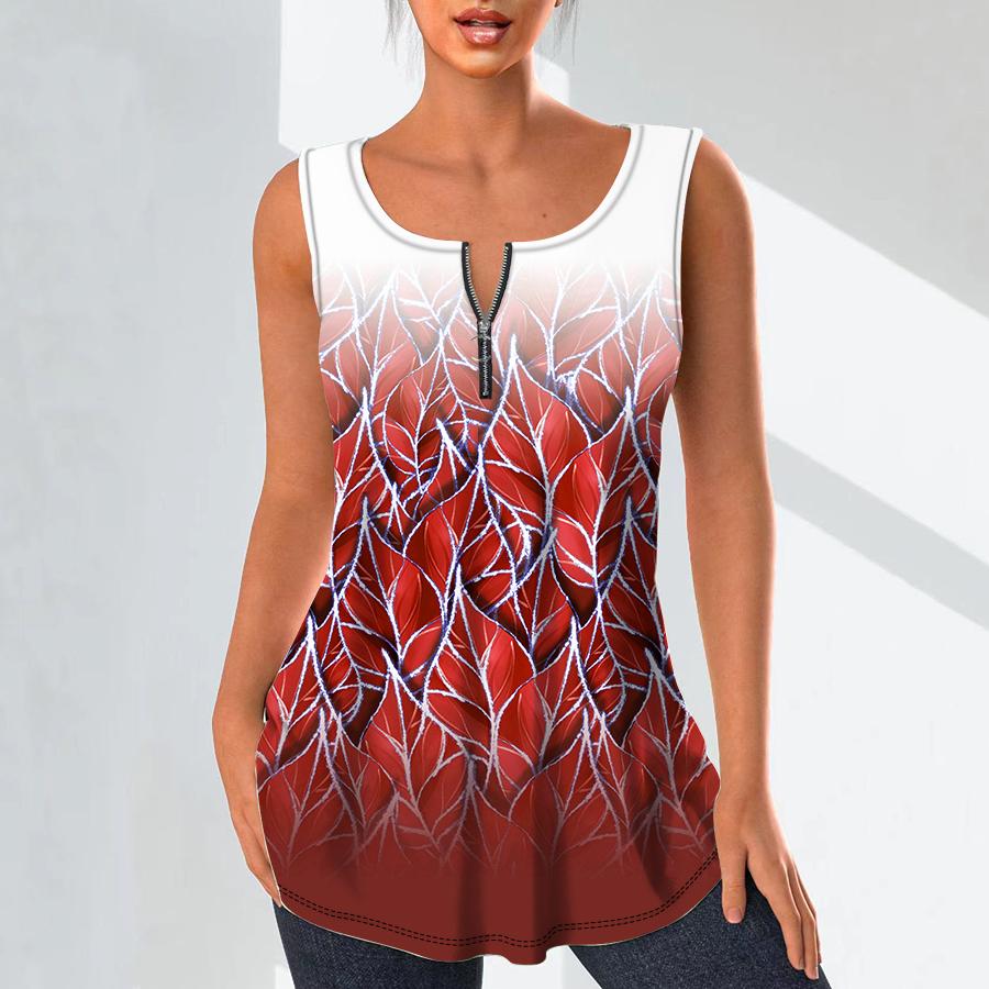 Women's Fashion V Neck Shirts Casual Tops T-shirt Ladies 3D Stacked Leaves Print Vest Plus Size Sleeveless Blouse Tank Tops