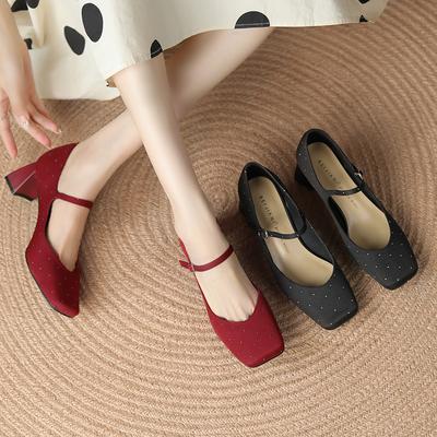 Анкара красный, ретро туфли Мэри Джейн с квадратным каблуком, инкрустированным бриллиантами, с пряжкой на одно слово, женские туфли на высоком каблуке