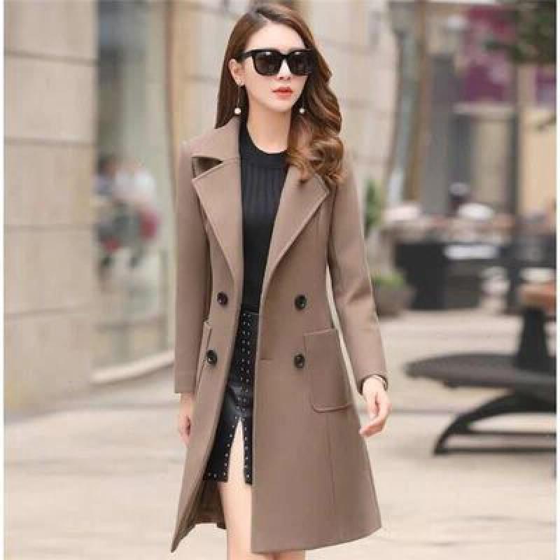 Womens Slim Fit Long Wool Blend Coat Solid Color Elegant Commuter Outerwear