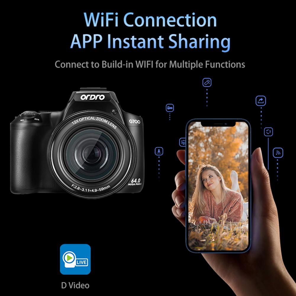 ORDRO G700 4K Цифровая камера Wi-Fi Цифровая видеокамера Видеокамера 64MP 3,0-дюймовый IPS-экран 12X