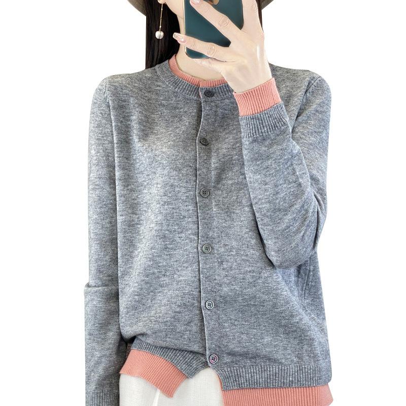 Knitted Cardigan Women's Colour Block Sweater Loose Long Sleeve Top