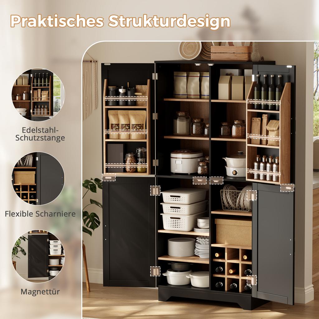 Kitchen Cabinet, Tall Storage with 4 Barn Doors, Wine Rack and Door Shelf, for Living Room and Dining Room, 80 x 40 x 180 cm