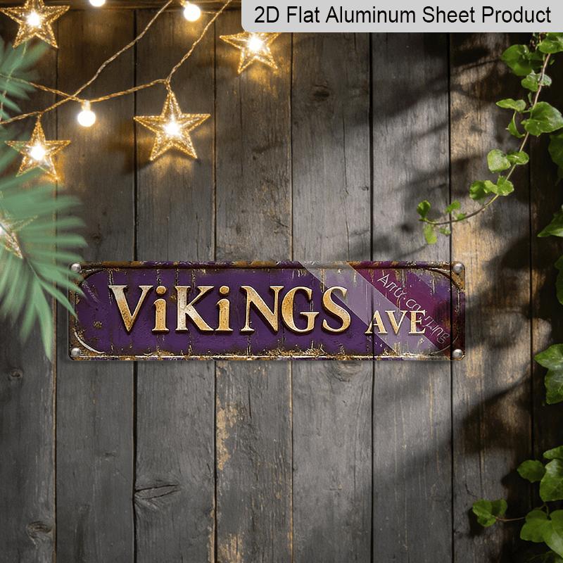 2D Flat 1pc, 15.7×3.94inch Vintage Viking Avenue Sign, Aluminum Decorative Sign, Country-Themed Wall Decoration Featuring Golden and Purple Text