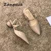 2025 Summer Buckle Women Sandals Pointed Hollow Thick with High Heels Women's Shoes Gladiator 4CM Round Heels Sandals