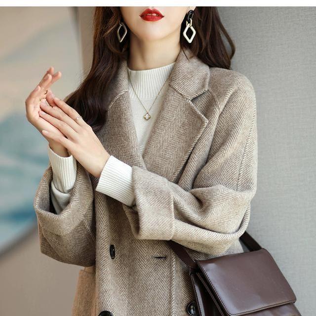 Костюм воротник темперамент шерстяной женский весна и осень зима новый елочка узорчатое пальто свободная утягивающая куртка