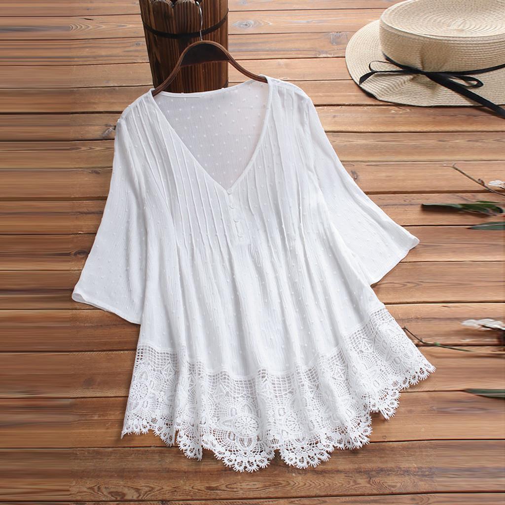 Women Vintage Three Quarter Lace V-Neck Plus Size Top T-Shirt Blouse