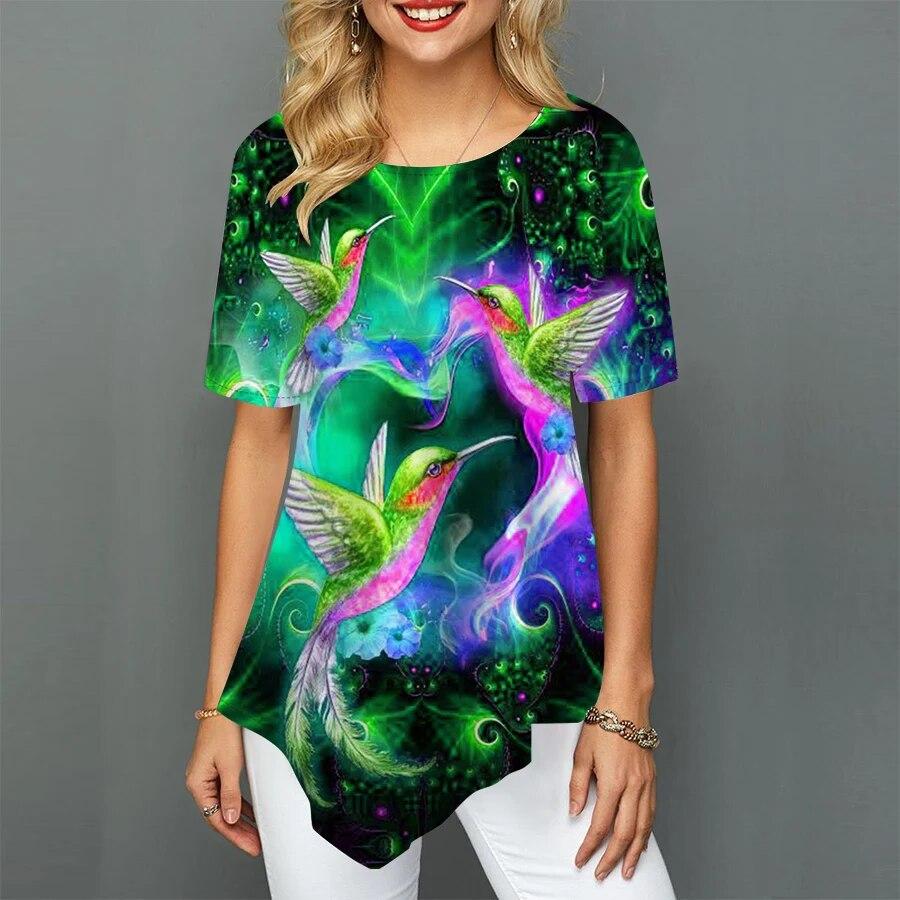 Casual Women Summer T-shirt Hummingbird Love Printed Stretch Loose Shirt Women Clothes Irregular Summer New Tops XS-8XL