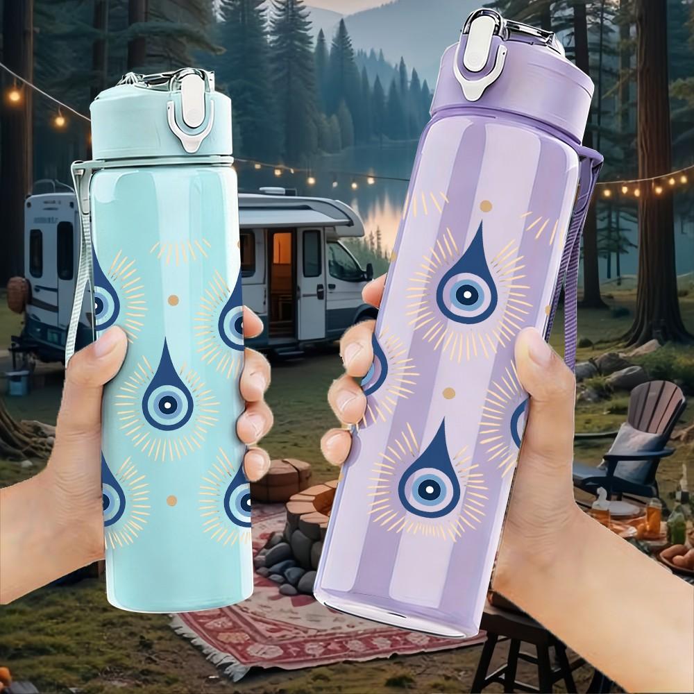 1PC Evil Eye Blue Drop Repeat Pattern 750ml Color Plastic Sports Water Bottle Leakproof Flip Straw Lid Suitable for Sports Office Home Use