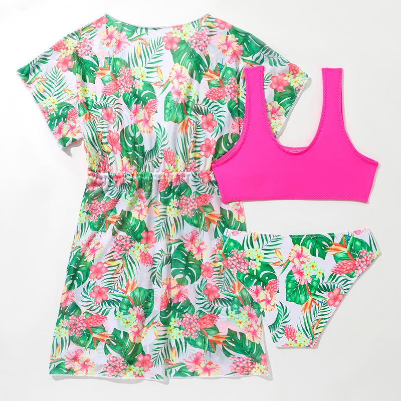 Модный комплект из 3 предметов для девочек-подростков, комплект купальников с цветочным принтом, однотонный топ, трусы и закрытый купальник на шнуровке с короткими рукавами, детский купальный костюм