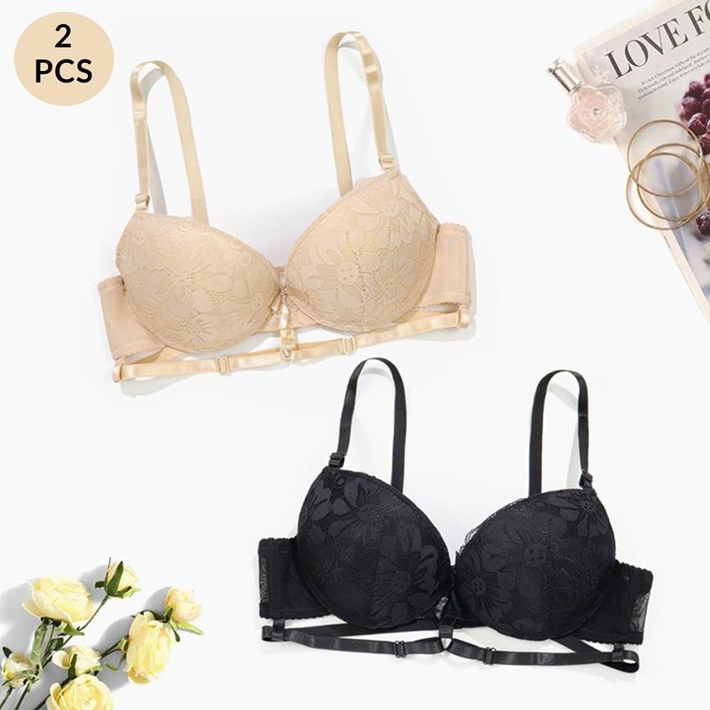 2Pcs Simple Solid Floral Lace Underwire Bra Cross Strap Padded Underwear 36-42 B Cup Women's Lingerie