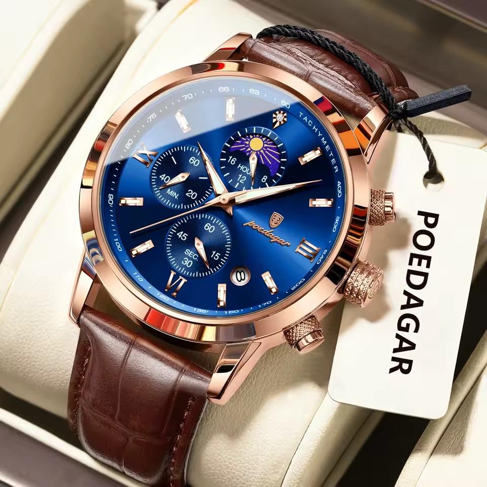 POEDAGAR Luxury Sports Watch for Men Waterproof Luminous Date Chronograph Wristwatch Leather Quartz Watches Reloj