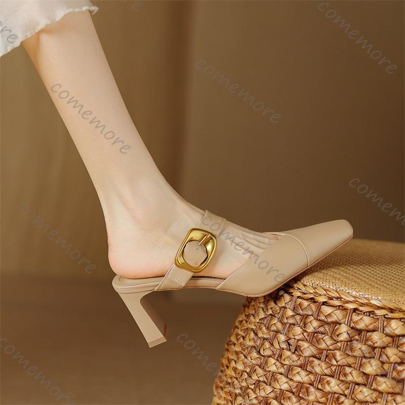 Празднуйте Baotou Сандалии Шлепанцы Лето Новые Повседневные Для улицы Кожа На высоком каблуке Однотонные Мюли Полусабо для женщин