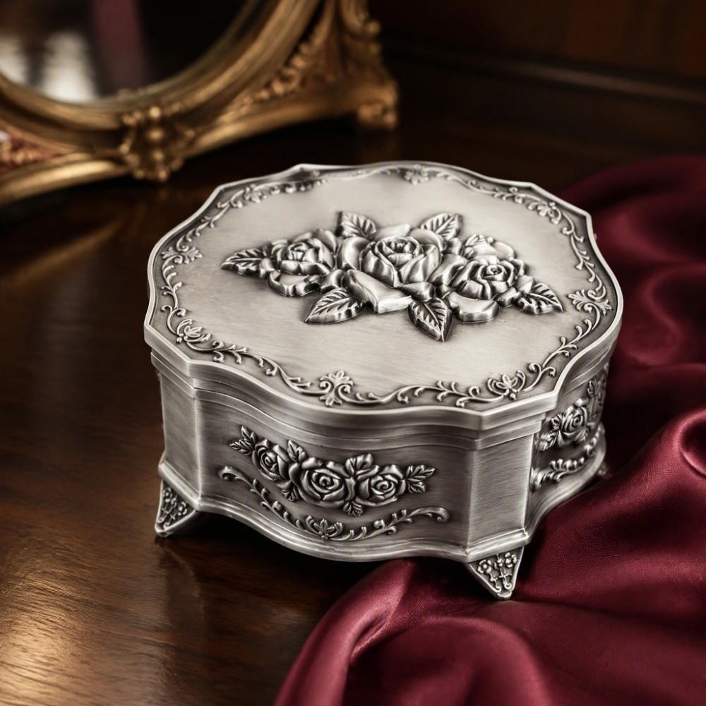 Antique Finish Trinket Organizer Silver Metal Jewelry Box Antique Jewelry Storage Box For Earrings