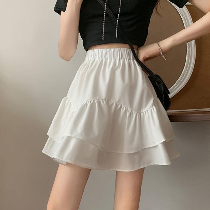 Skirts for Women Ruffled A-line Skirt Female Summer Thin Tutu Skirts Solid Color Preppy Style Elastic High Waist Casual Skirt