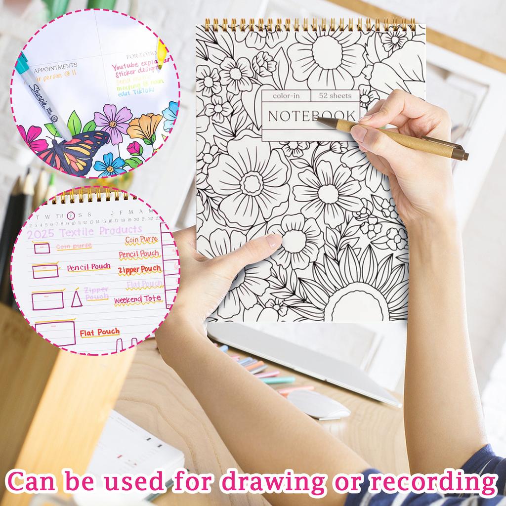 Красочные спиральные блокноты и ежедневники, красивый и красивый цветочный дизайн дневника, цветочные заметки для встреч раскраска