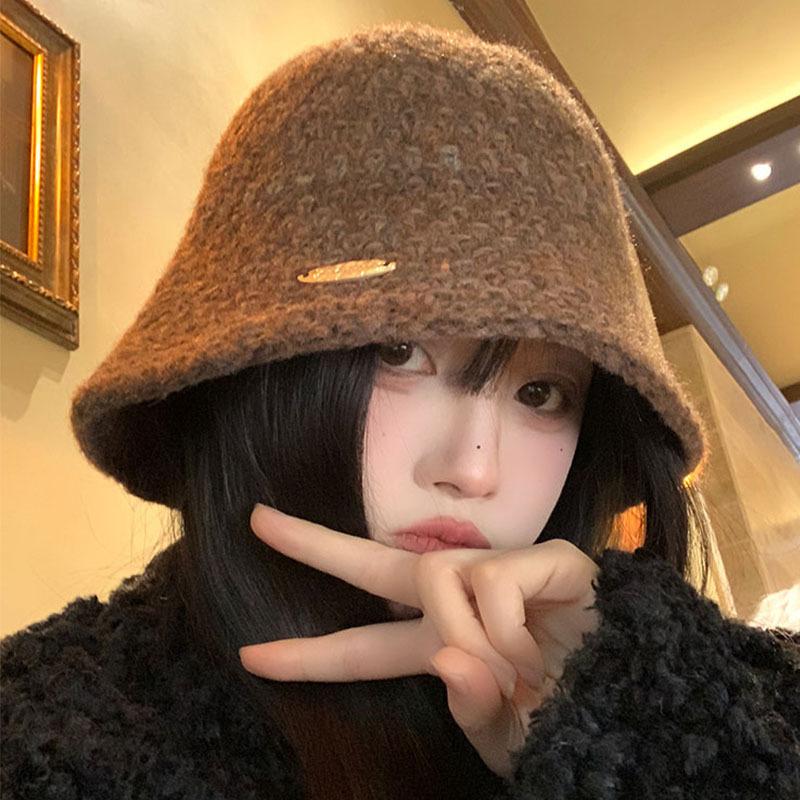 Brown Knitted Bucket Hat Women's New Autumn and Winter Ear Protector Basin Hat Wool Bucket Hat