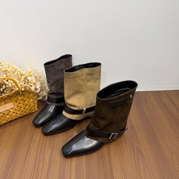 Cowhide version~ autumn and winter new square head wide tube inner height increasing fashion boots women's fashion temperament short boots