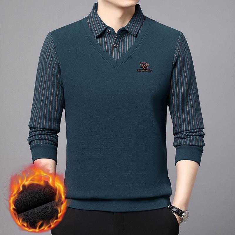 Men's Winter Wool Silk Lapel Two-in-One Sweater with Fleece Lining
