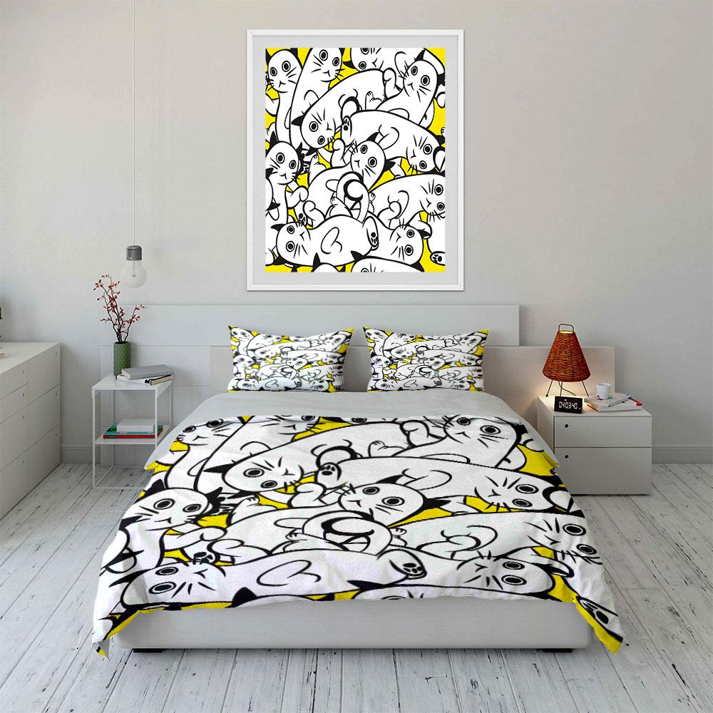 Cute Black and White Cat Pattern Bedding Duvet Cover Set (1*Duvet Cover 2*Pillowcases, without duvet insert)