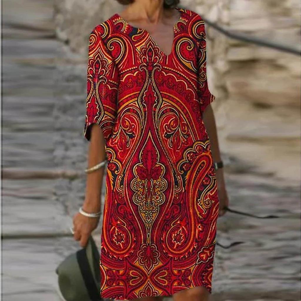 Женское платье с коротким рукавом, V-образным вырезом, повседневное, горячее, для отпуска, с принтом