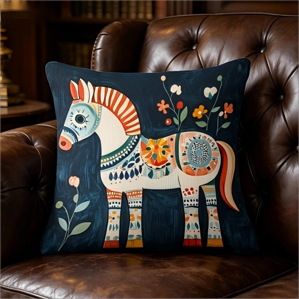 Scandinavian Folk Art Dala Horse Print Throw Pillow Cover, Colorful Floral Nordic Style Decorative Cushion For Sofa Couch