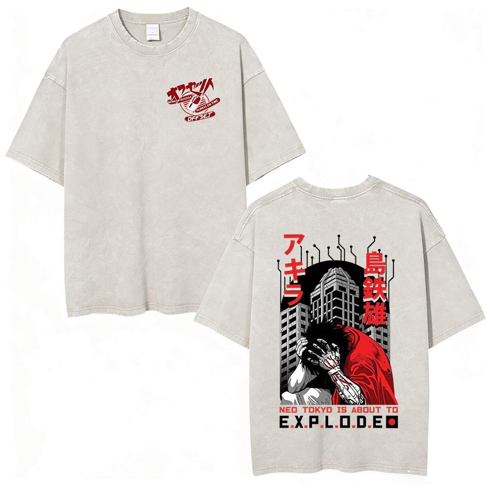 Anime Akira Vintage Washed T Shirts 90s Japanese Manga Shotaro Kaneda Tshirt Men Women Clothing Oversized Tshirts Streetwear