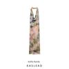 Kaslead New Women Clothes Western Style Simple Slim Fit Retro Tie-dye Print Deep V-neck Hanging Neck Dress