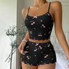 2 Pcs/Set Women Vest Shorts Suit Bow Cherry Print U Neck Sleeveless Top High Waist Short Trousers Homewear Loungewear Outfit Summer Sleepwear