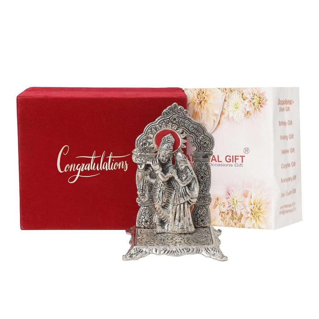 Silver Radha Krishna Chowki Idol Showpiece | 'Congratulations' Tag with Velvet Box & Carry Bag | Ideal for Diwali,