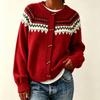 Womens Oversized Crewneck Cardigan Sweater With Colorblock Jacquard Acrylic Knit Open Front Top Fall Winter