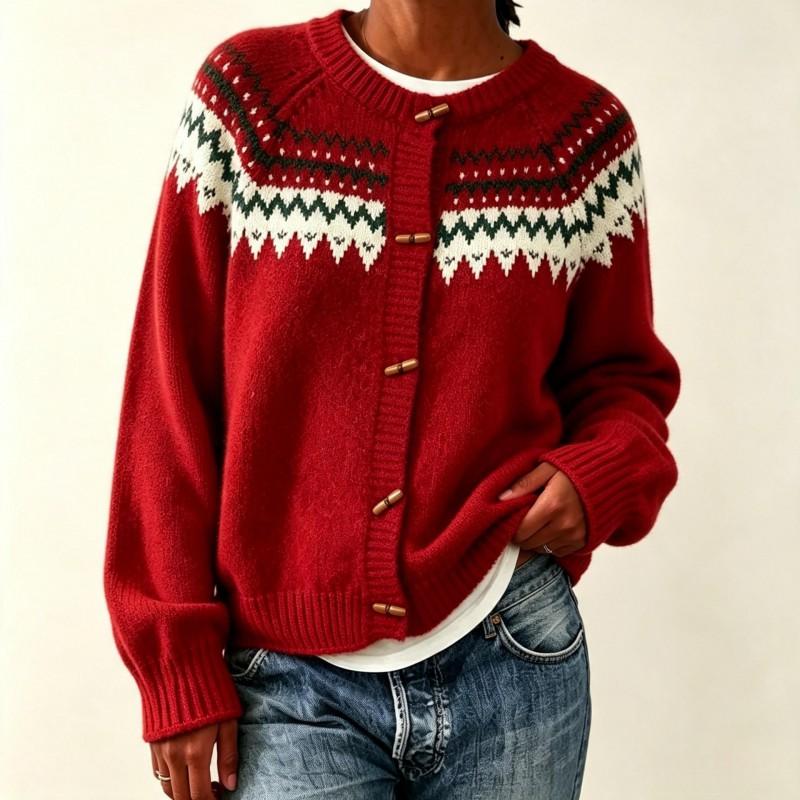 Womens Oversized Crewneck Cardigan Sweater With Colorblock Jacquard Acrylic Knit Open Front Top Fall Winter