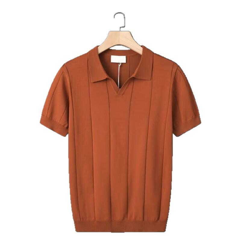 Мужская летняя поло-рубашка в полоску – Короткий рукав, Приталенный крой, V-образный вырез, Деловой кэжуал