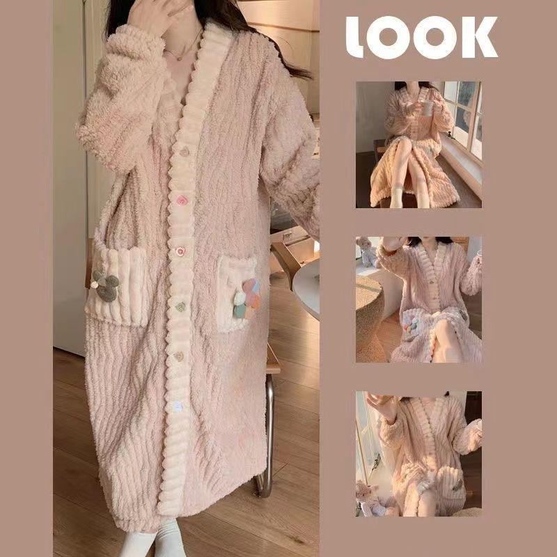 Bow Women Sleepwear Nightdress Winter Night Wears Warm Fleece Pajama One Piece Nightgown Pocket Long Sleeve Homewear