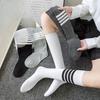 Female Spring and Autumn Four Bar Stripes Thin Pure Cotton College Wind Tall Leg Socks