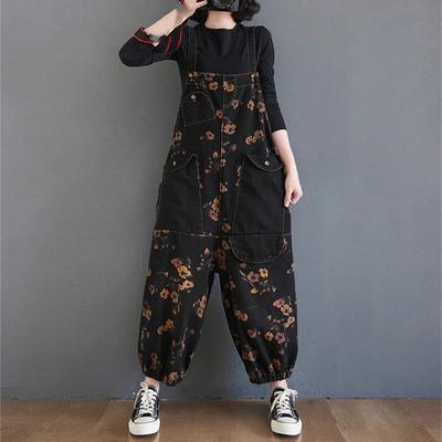 Женский винтажный джинсовый комбинезон с цветочным принтом, свободные широкие брюки на подтяжках, уличные брюки на подтяжках
