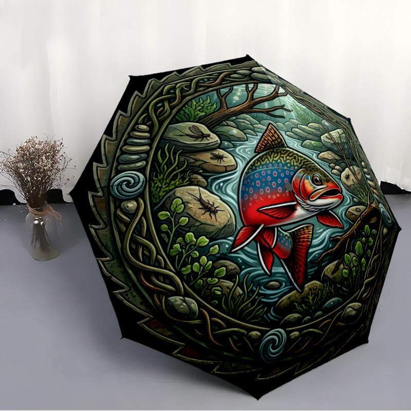 Fish River pattern umbrella, portable and foldable design, 8 ribs, a casual accessory for Halloween, Christmas, and birthday gifts.