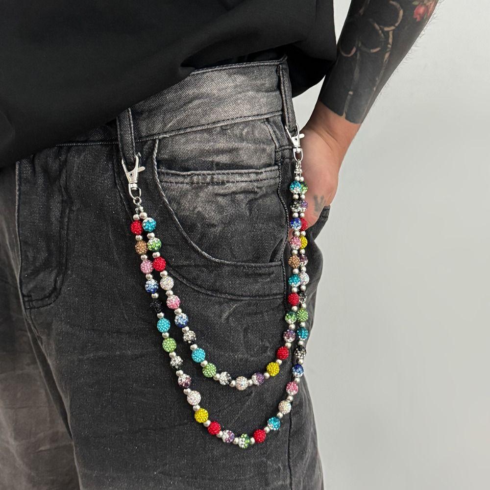 Gothic Colorful Rhinestone Bead Waist Chain Jeans Chain Pants Chain Goth Punk Belt Chain Female