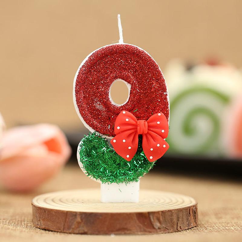 1PC Fashion Party Supplies 0-9 Number Cake Decor Red Bow Birthday Candles Christmas Theme
