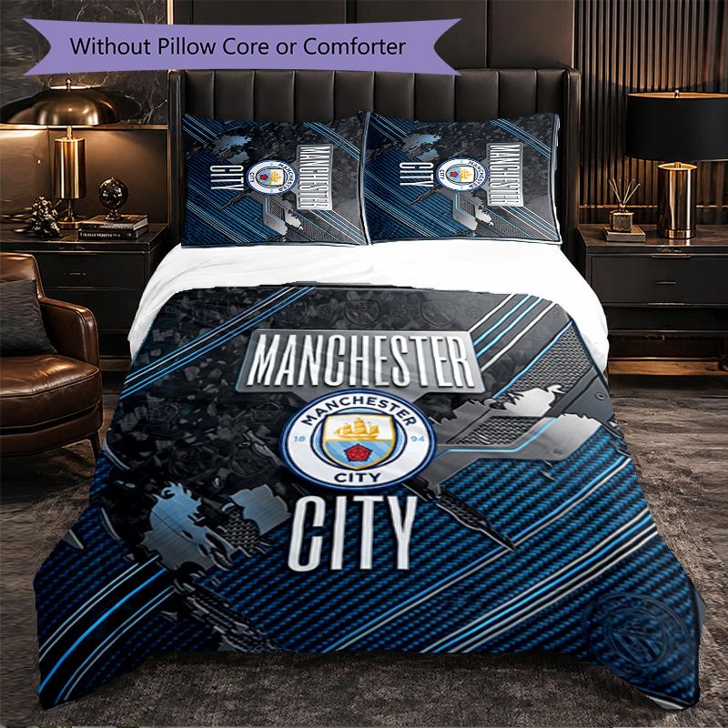 Manchester City Pattern 3 Pieces Bedding Set Soft Microfiber Duvet Cover with Pillow Cases for Bedroom