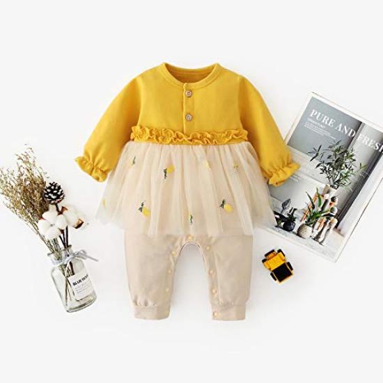 Baby Clothes Romper Tulle Long Sleeve Spring Autumn Front Opening Coverall Cotton Girls Gift Pineapple Pattern Yellow 24M