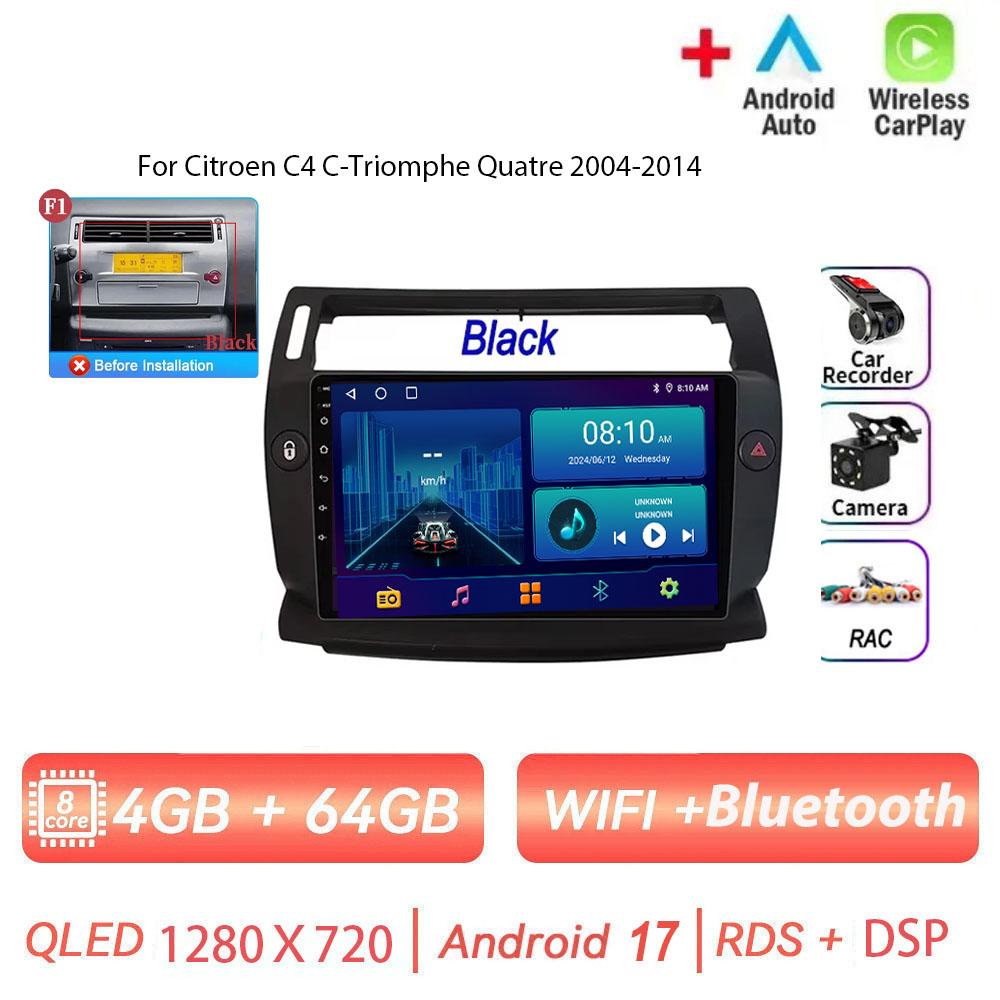 Autoradio Android 17 pour Citroën C4 C-Triomphe Quatre 2004-2014, Navigation GPS, Android Auto, Carplay, Wifi, Vidéo, Stéréo 4G, Pas de 2din
