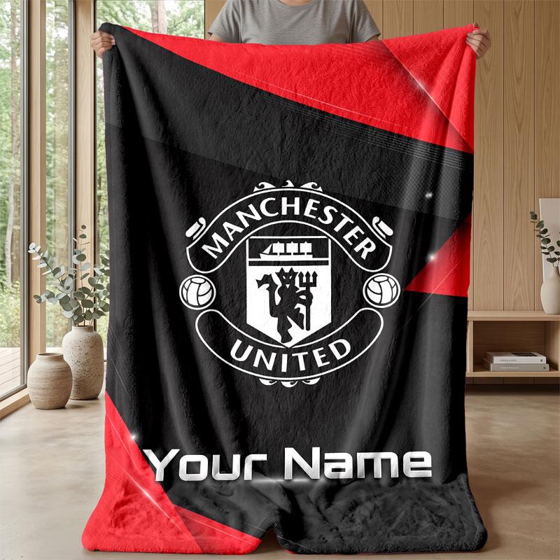 Manchester United Custom Name Text Flannel Blanket Soccer Logo Personalized Fleece Throw Blanket Special Gift For Sofa Bedroom Home