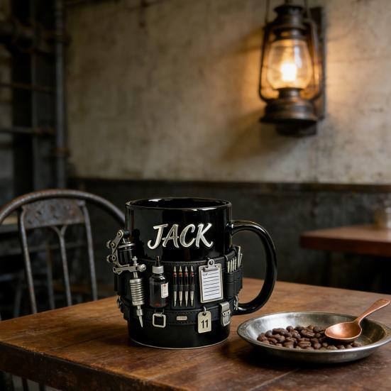 Personalized Tattoo Artist Mug 3D Tool Belt Coffee Cup with Tattoo Machines Details Industrial Steampunk Style Drinking Cup Gift for Artists