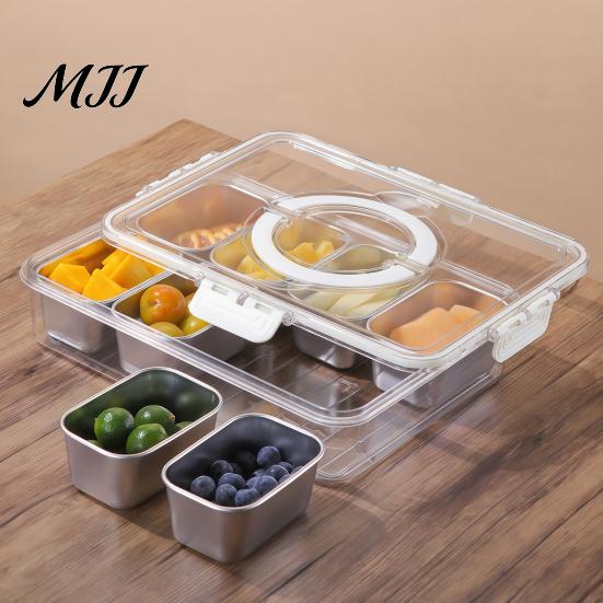 Divided Serving Tray for Party Snackle Box Container, Stainless Steel with Lid & Handle, 8 Compartment Large Snack Travel Friendly Food Storage
