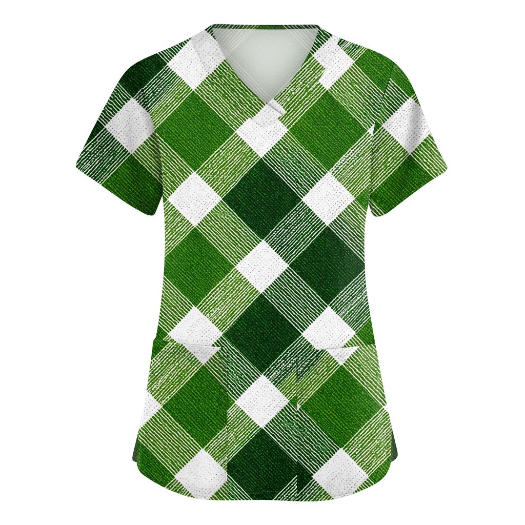 Ladies' St. Patrick Print Fashionable V-neck Pocket Short Sleeved Uniform And Caregiver Top
