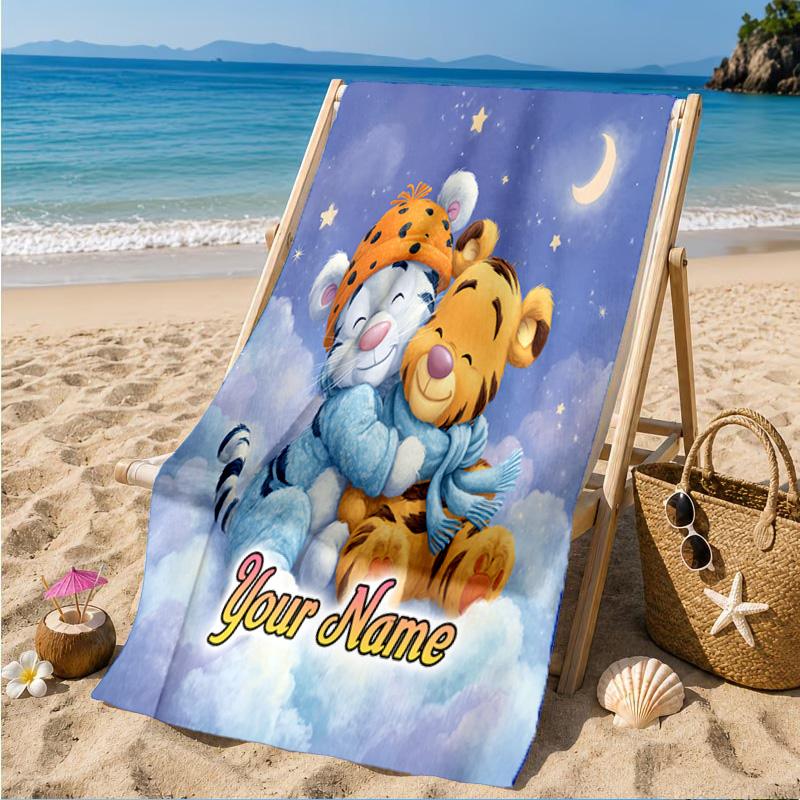 Custom Name Nightly Tiger Hugs Pooh Beach Towel Microfiber Beach Towel, Lightweight and Quick-Dry, for Summer Travel, Swimming Pool Gift
