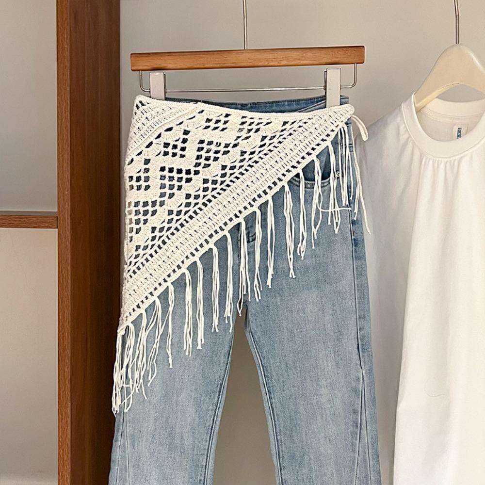 Bohemian Tassel Knitted Triangle Scarf Countryside Style Ethnic Style Crochet Flower Scarves Clothes Decoration White